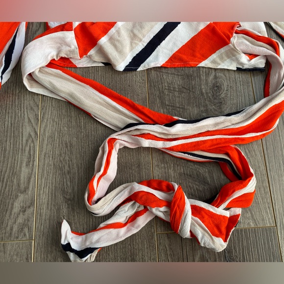 ZARA orange- red, white, cream & black striped wrap and tie cropped blouse - Picture 3 of 11